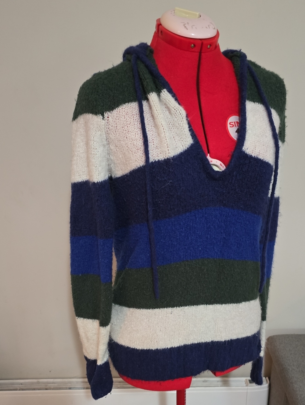 Arizona Jean Company Striped V-Neck Hooded Sweater in Blue, Green & White